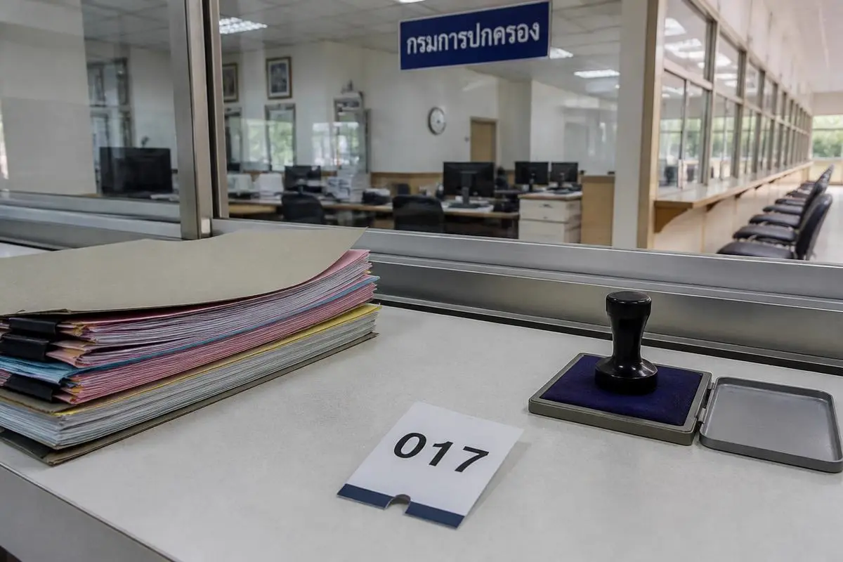 เคาน์เตอร์งานทะเบียนราชการไทยพร้อมแฟ้มเอกสาร บัตรคิว และตรายางประทับ