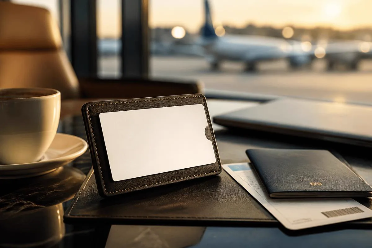 A business travel card in a leather holder beside a passport in an airport lounge