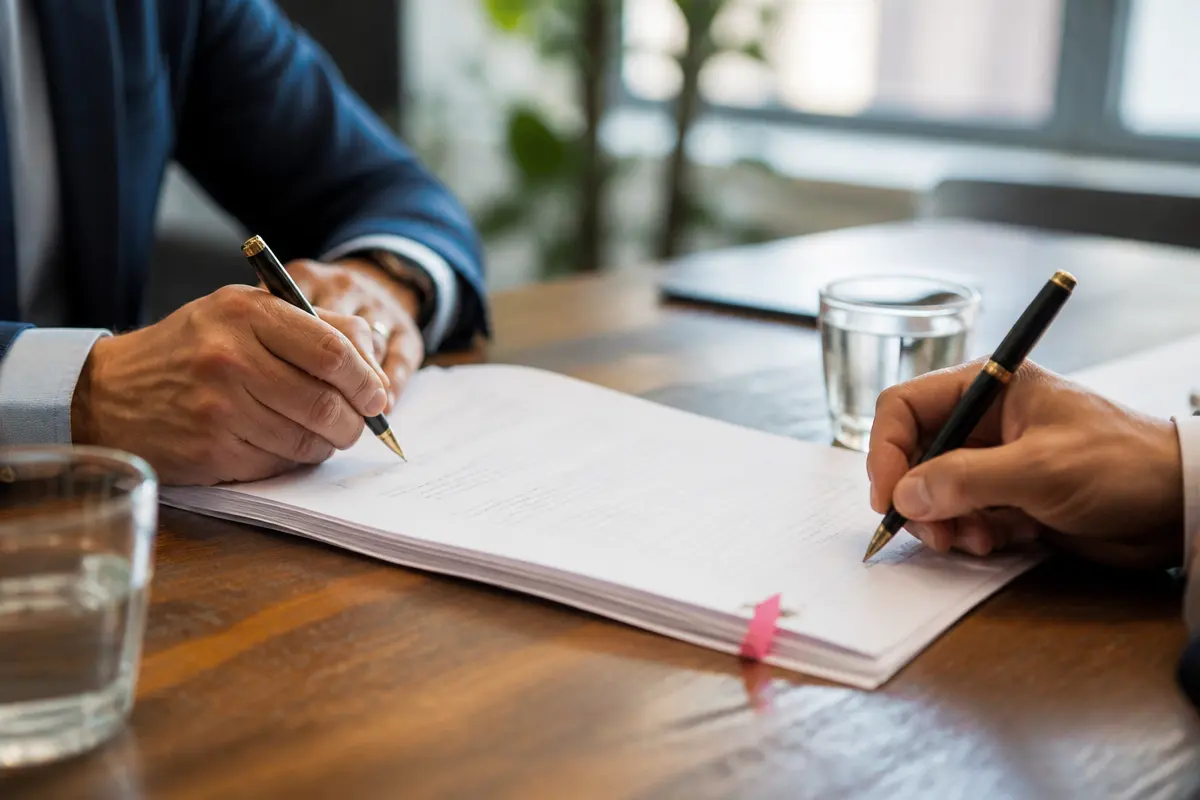 Two parties signing a multi-page commercial contract on a wooden meeting table