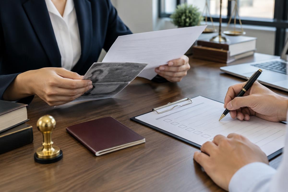 Illustration of original-document comparison and preparation for signing at a notarial appointment